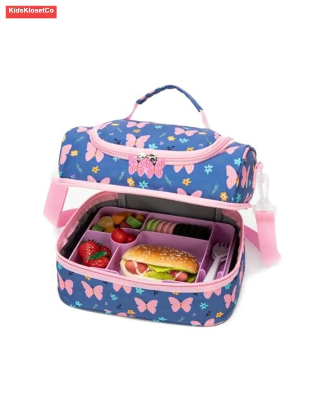 Insulated Kids Lunch Bag Tote with Shoulder Strap, Dual Compartment, Water